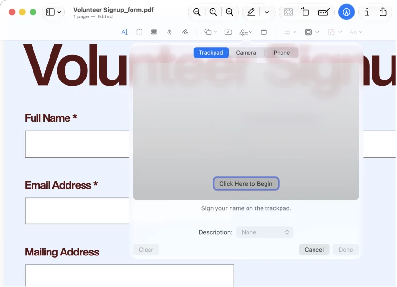 A PDF in the Preview app window, showing the signature tool.