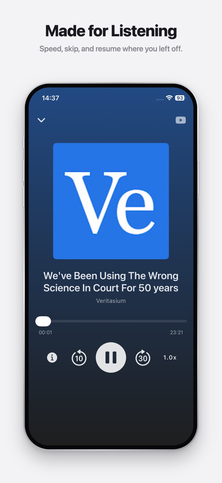 YouCaster: Videos to Podcasts — Player, speed controls and saved position
