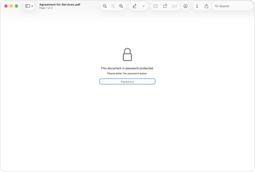 A password-protected PDF showing a lock icon and a text field for entering the password to open the file.