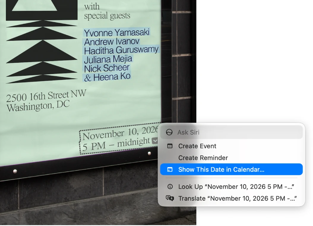 Photo of a sign featuring an event. The date and time are selected as Live Text and a menu appears with options to create an event, create a reminder, and more. Show This Date in Calendar is the selected option.